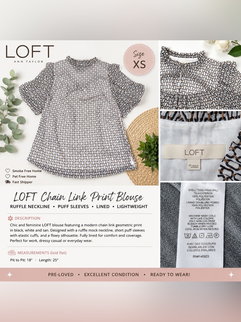 LOFT Women’s XS Geometric Chain Print Ruffle Puff Sleeve Blouse
